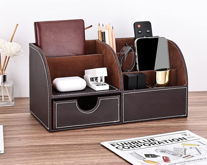 KINGFOM Pu Leather Desk Organizer Pen Pencil Holder Office Supplies Caddy Storage Box 6 Compartments with Drawer Brown