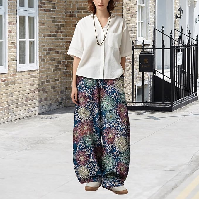 Zaswen Women's Oversize Loose Fit Breathable Pants Wide Leg Lounge Pants Fashion Casual Fireworks Print Trousers with Pockets