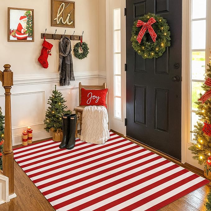 Christmas Red & White Striped Rug - 4' x 6' Outdoor Front Door Decor Mat Cotton Washable Hand-Woven Rug Christmas New Year Holiday Porch Entryway Layered Doormat