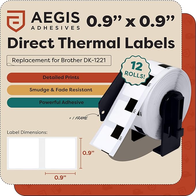 Aegis Adhesives - Compatible Label Replacement for Brother DK-1221 (0.9 Inch) Square Stickers, Use with QL Printers - 12 Rolls + 1 Frame