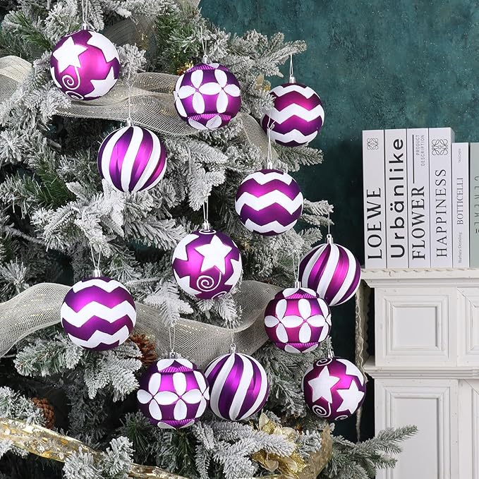 Large Purple White Christmas Ornaments for Tree, 12Pcs Shatterproof Christmas Bulbs Ornaments, 4 Inch Big Hanging Balls Decorations for Xmas Trees Parties Malls (Purple & White)