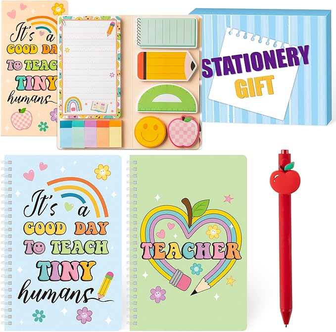 B1ykin Stationery Gift Set - 3Pcs Notebook Sticky Notes, A5 Spiral Notebooks & 550 Sheets Cute Sticky Notes with Pens Kit for Office School Teacher Thanksgiving Supplies (Restro Teacher)
