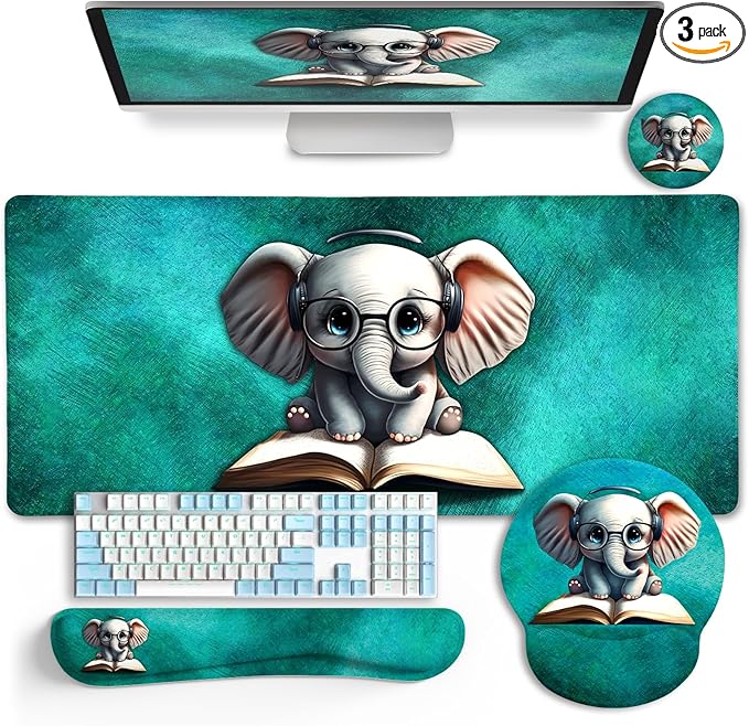 Desk Mat Pad, Large Gaming Mouse Pad with Wrist Rest Wrist Support, Ergonomic Mouse Pad Keyboard Mat Wrist Rest, Cup Coaster, Home Office Desk Accessories Decor Supplies, Cute Elephant