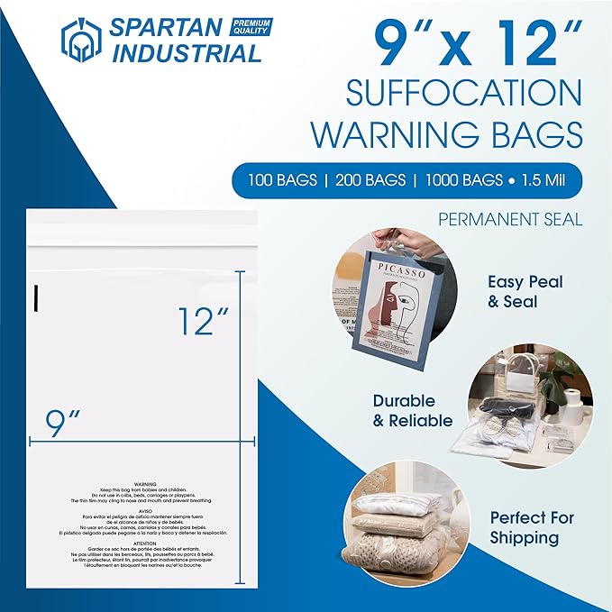 Spartan Industrial - 9" X 12" (1000 Count) Self Seal Clear Poly Bags with Suffocation Warning for Packaging, T Shirts - Permanent Adhesive