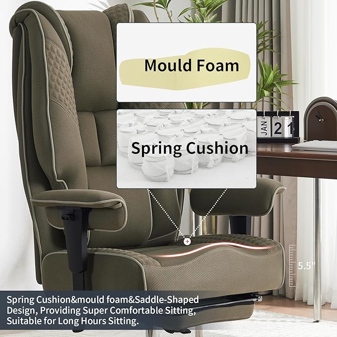 Big and Tall Office Chair 400lbs Wide Seat, Leather High Back Executive Office Chair with Foot Rest, Ergonomic Chairs Lumbar Support for Lower Back Pain Relief (Mesh Light Green)