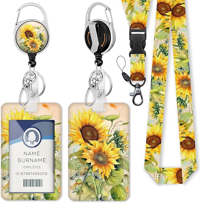 Gctriki ID Badge Holder with Breakaway Lanyard, Aesthetic Sunflower Lanyard for Keys，Retractable Badge Reel Clip, Teacher Lanyards for ID Badges Card Holder, Nurse Teacher Workers Women Office Gifts
