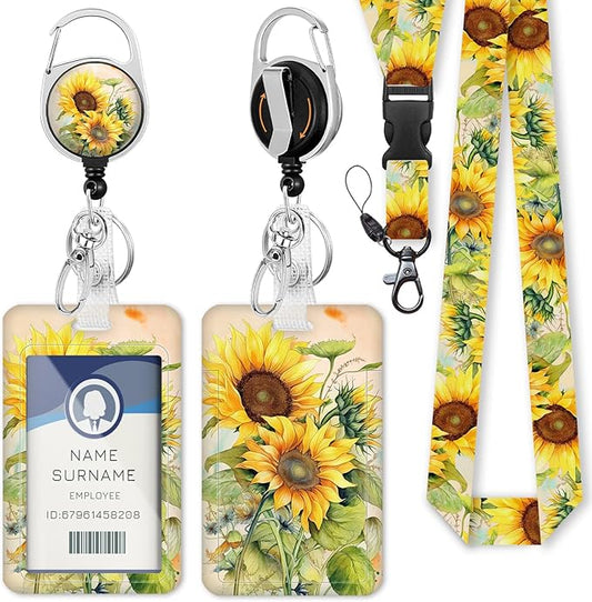 Gctriki ID Badge Holder with Breakaway Lanyard, Aesthetic Sunflower Lanyard for Keys，Retractable Badge Reel Clip, Teacher Lanyards for ID Badges Card Holder, Nurse Teacher Workers Women Office Gifts