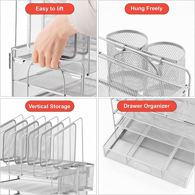 Marbrasse Desk Organizers, 4-Tier Mesh Desk File Organizer with 5 Vertical File Holders and 2 Pen Holders, Multifunction Desktop Organizer,Desk Organizers and Accessories for Home Office (Silver)