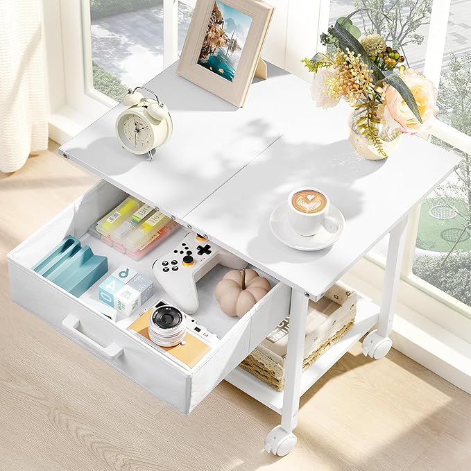 Lerliuo Under Desk Rolling Printer Stand with Drawer, 2-Tier Industrial Mobile Printer Table Desk with Storage Shelf and Steel Frame, Printer Cart Holder with Lockable Wheels for Home, Office (White)