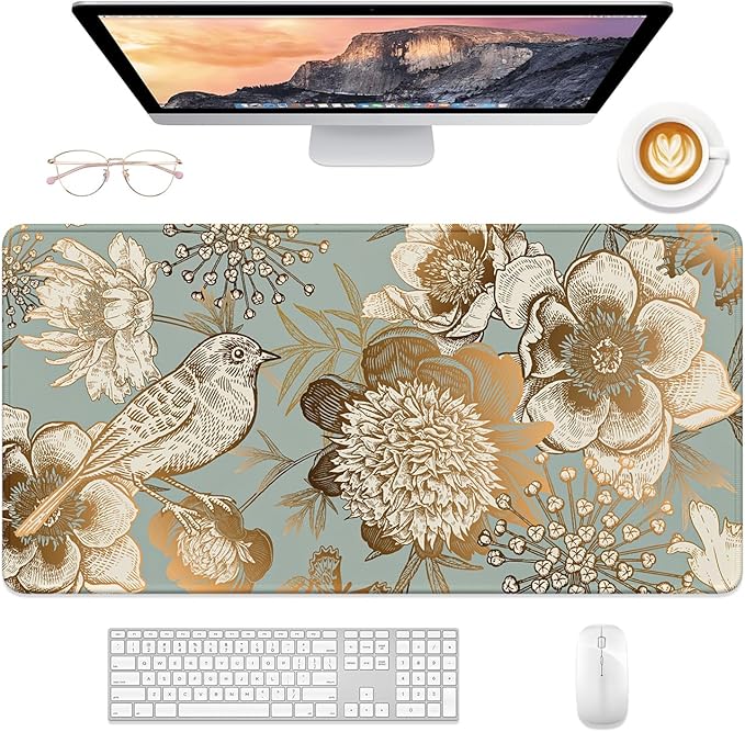 Desk Mat, 32" x 16" XXL Extended Large Gaming Mouse Pad, Desktop Decor Desk Pad, Cute Men Women Office Supplies and Accessories, XL Mouse Mat for Laptop & Keyboard, Retro Flower and Bird