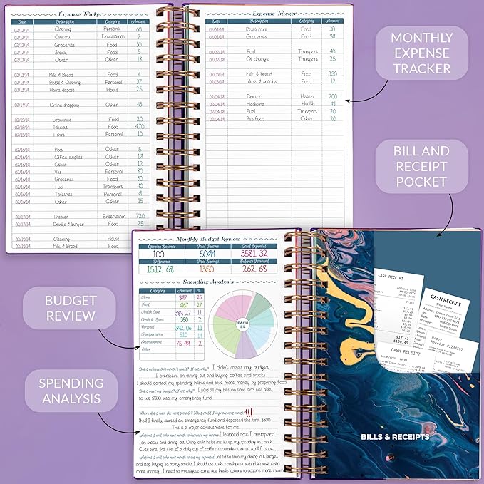 GoGirl Budget Planner & Monthly Bill Organizer – Monthly Financial Book with Pockets. Expense Tracker Notebook Journal, Compact (Purple)