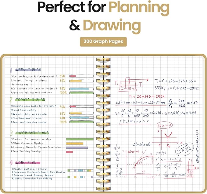 Spiral Graph Paper Notebook Journal for Work, 300 Pages, Thick B5 (7.1"x10") Grid Journals for Women & Writing, Hardcover Notebook for Note Taking, Perfect for Work School Note Taking Business, Grey Beige