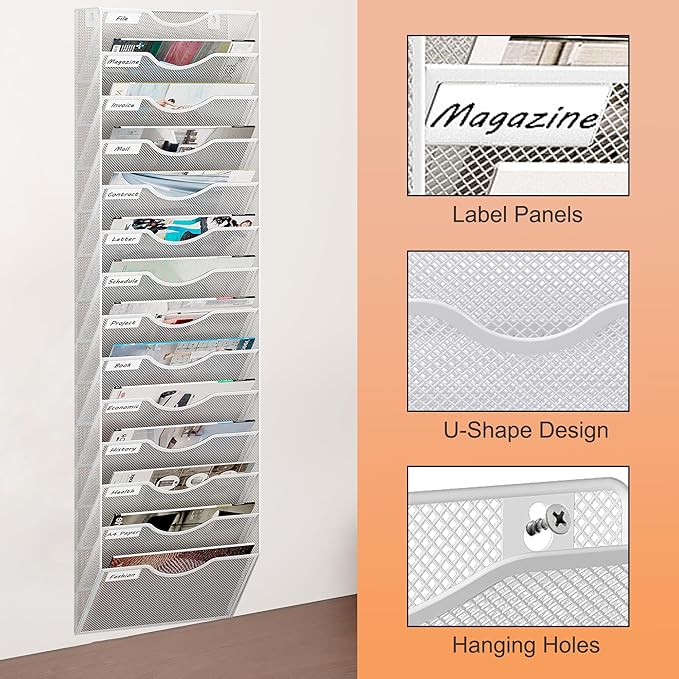 14 Tier Hanging Wall File Holder, Metal A4 Wall Mounted Document Holder, Vertical Hanging Mail Organizer, Magazine Storage Rack with Tray for Office Home Classroom, White
