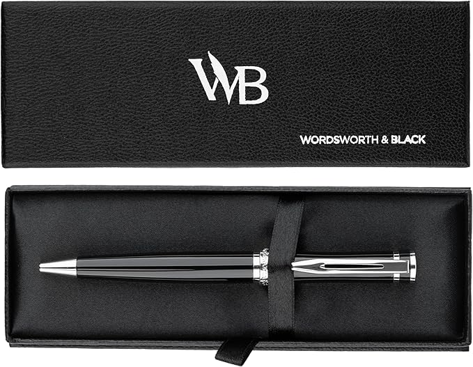 Wordsworth and Black Ballpoint Pen Black Lacquer- Stunning Luxury Pen Chrome Finish, Ink Refill, Best Gift Set for Men & Women, Refillable, Elegant, Nice Pens, Fine Point