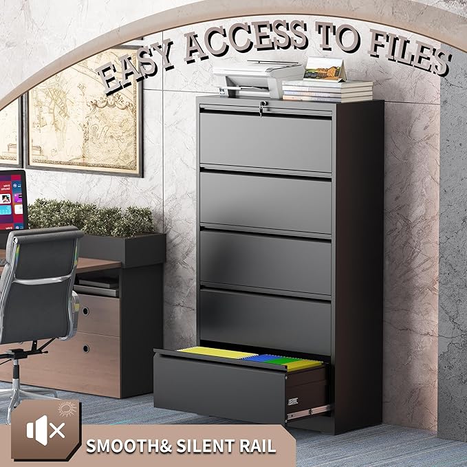 5 Drawer Lateral File Cabinet with Lock, Metal File Cabinet, Lateral File Cabinets for Home Office, Heavy Duty File Storage Cabinet for Legal/Letter/A4 Document, Assembly Required, Black