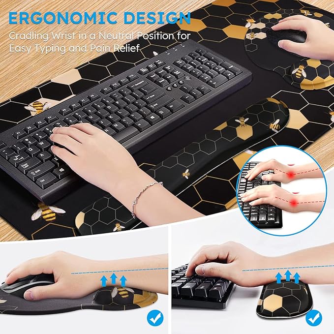 iCasso Desk Mat, Gaming Mouse Pad Wrist Support Set,4in1 XXL Large Mousepad + Keyboard Wrist Rest+Mouse Wrist Rest+Coaster Set with Ergonomic Design for Home Office Table Computer-Honeycomb