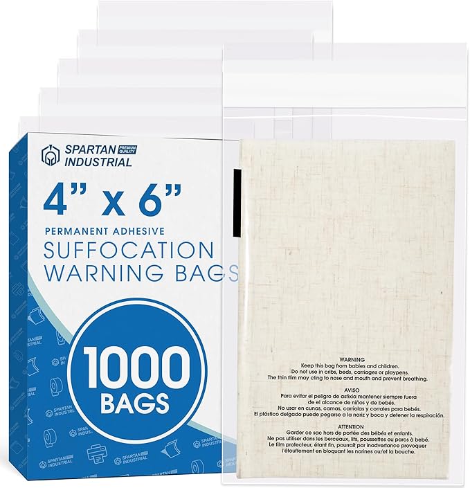 Spartan Industrial - 4” X 6” (1000 Count) Self Seal Clear Poly Bags with Suffocation Warning for Retail Packaging, Shipping - Permanent Adhesive