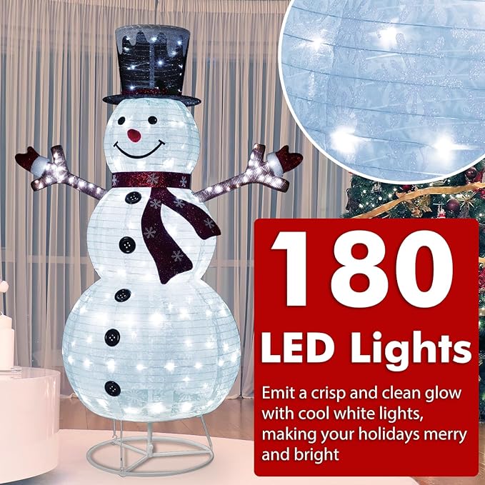 Tangkula 6 FT Lighted Pop-Up Christmas Snowman, Indoor Outdoor Christmas Decoration with 180 Pre-Lit LED Lights, Collapsible Snowman with Hat & Scarf for Home, Yard, Garden, Xmas Holiday Decoration