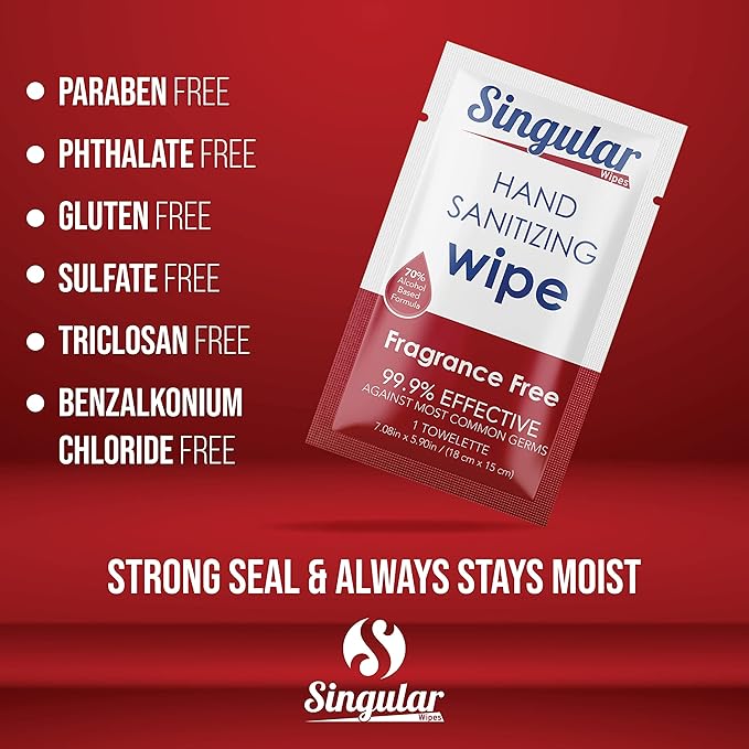 Hand Sanitizing Wipes Travel Size by Singular Wipes –100ct Individually Wrapped | Fragrance-Free, Moisturizing, 70% Isopropyl Alcohol Wipes | Travel, Home, Office, Daily Use | Made in USA