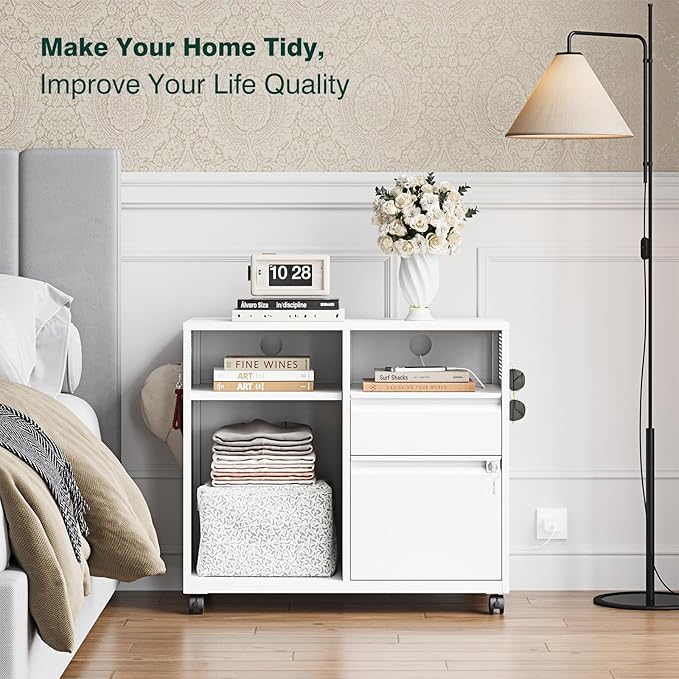 Metal File Cabinet,Lateral Filing Cabinet with Lock for Letter/A4 Size Files,Rolling Printer Stand with Open Storage Shelves for Home Office(White)