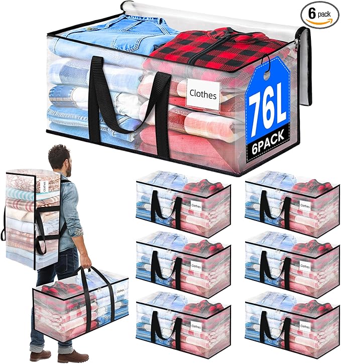 BlissTotes 6-Pack Large Moving Bags with Backpack Straps & Strong Zippers, Heavy-Duty Storage Bags Moving Boxes for Space Saving, Dorms, Transport, 76L-20 Gallons, Clear