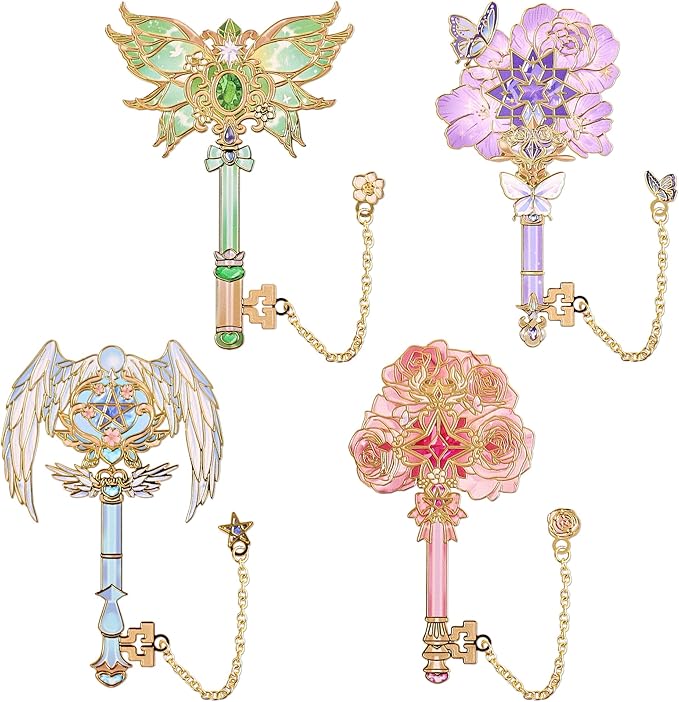 4pcs Metal Bookmarks Set for Reading Women and Men, Enchanted Floral Wing Key Magic Reading Accessories, Fantasy Book Marks Gifts for Book Lovers Readers Kids Page Holders with Flower Feather Designs