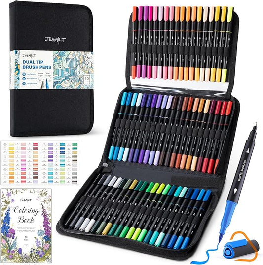 JusArt Markers for Adult Coloring Books No Bleeding, Coloring Markers with Dual Tips, Fine & Brush Pens with Ergonomic Triangle Grip & 33% More Ink, Water-Based Art Drawing Set for Adults, 60 Colors