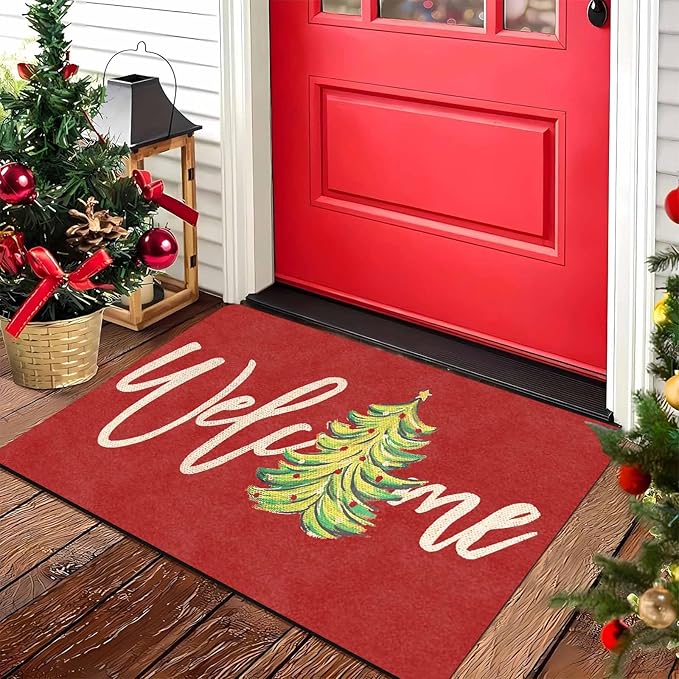 Christmas Welcome Tree Door Mat Merry Christmas Doormat Indoor Outdoor Entrance Floor Rug Non Slip Winter Decor Rubber Welcome Mats, 18" x 30"Inch