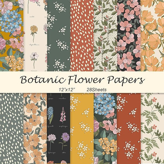 28 Floral Scrapbook Paper, 12"X12" Inch Vintage Flower Botanic Scrapbooking Papers for DIY Card Making Photo Album Journal Decor (Botanic 1)