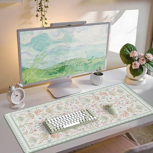 iCasso Desk Cover Mat Green,Extra Large Mouse Pad for Desktop,Anti-Slip Keyboard Pad with Stitched Edges,Cute Floral Computer Mat for Women,Aesthetic Desk Protector for Office Home Dorm