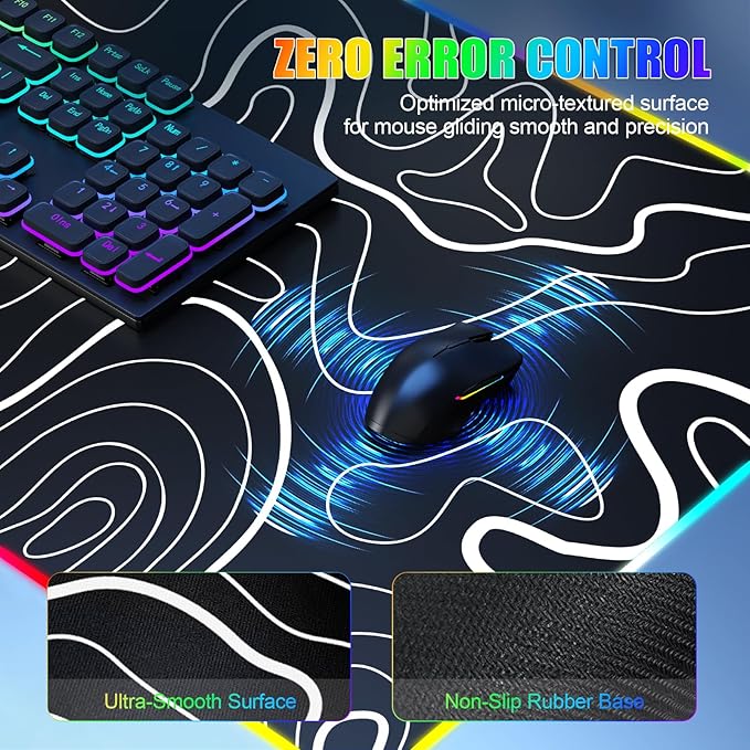 Mouse Pad with Phone Holder, Wireless Charging Desk Mat, RGB Gaming Mousepad Home Office Large Desk Pad with Ultra-Smooth Surface, Non-Slip Base, Waterproof Keyboard Pad,Topographic Black