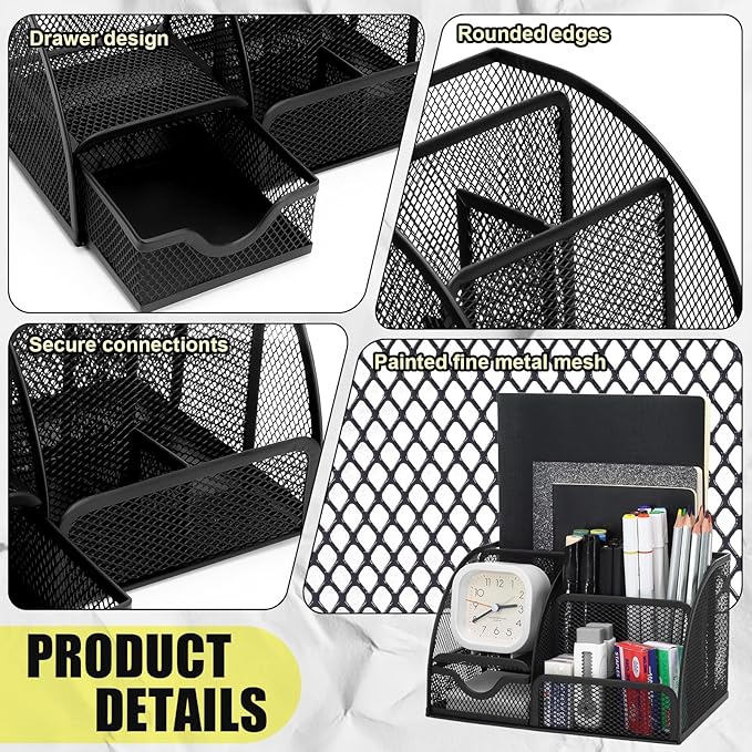 SYMDROMIA 13-in-1 Office Desk Organizer Set with Stapler and Tape Dispenser, Pen Holder, Scissors, Ruler, Hole Punch, 2 Pens & More Desktop Accessories for Back to School Supplies (Black)