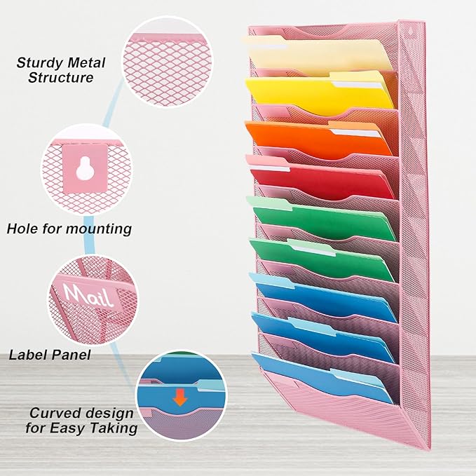 EASEPRES 10 Pocket Mesh Hanging Wall File Organizer, Wall Mounted Mail Paper Document Folder Holder, Clipboard Storage Organization Magazine Rack with Nametag Label for Office Home School, Pink