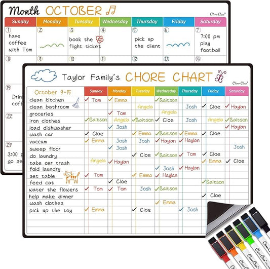 Magnetic Dry Erase Chore Chart, Monthly Calendar Set - 14.5"x11" Monthly Calendar, Chore Board for Fridge - 6 Extra Fine Point Markers Included - Shipped Flat