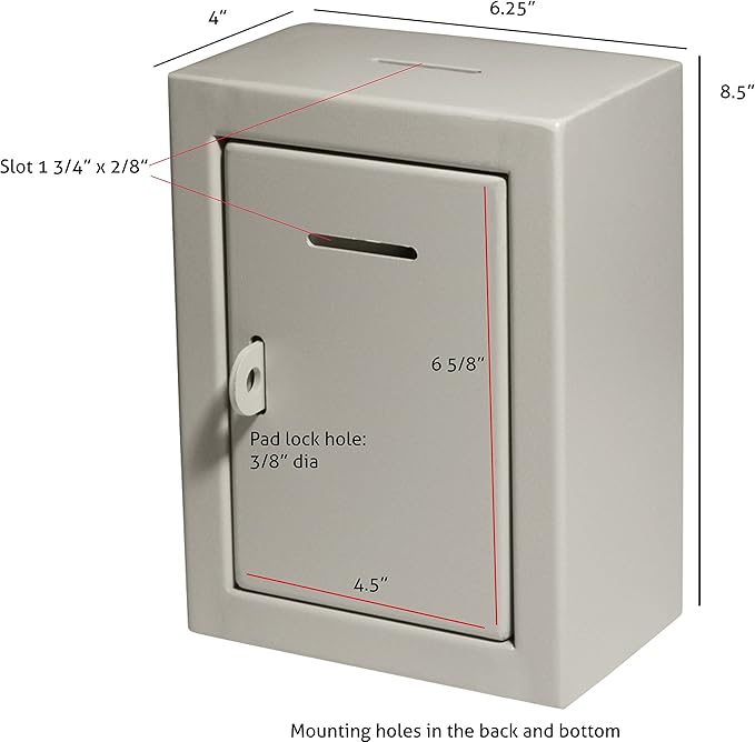 Metal Charity Collection Box Secure with Slot & Wall Mount - 8.5x6.5x4" Drop Box for Home and Office (White)