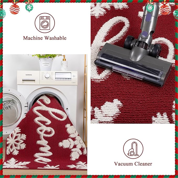 Christmas Doormat with Non Slip, Loop Pile Red and White Indoor Christmas Welcome Mat with Absorbent & Dirt-Trapping, Porch Decor Outdoor Front Door Mat 32x48 Inch