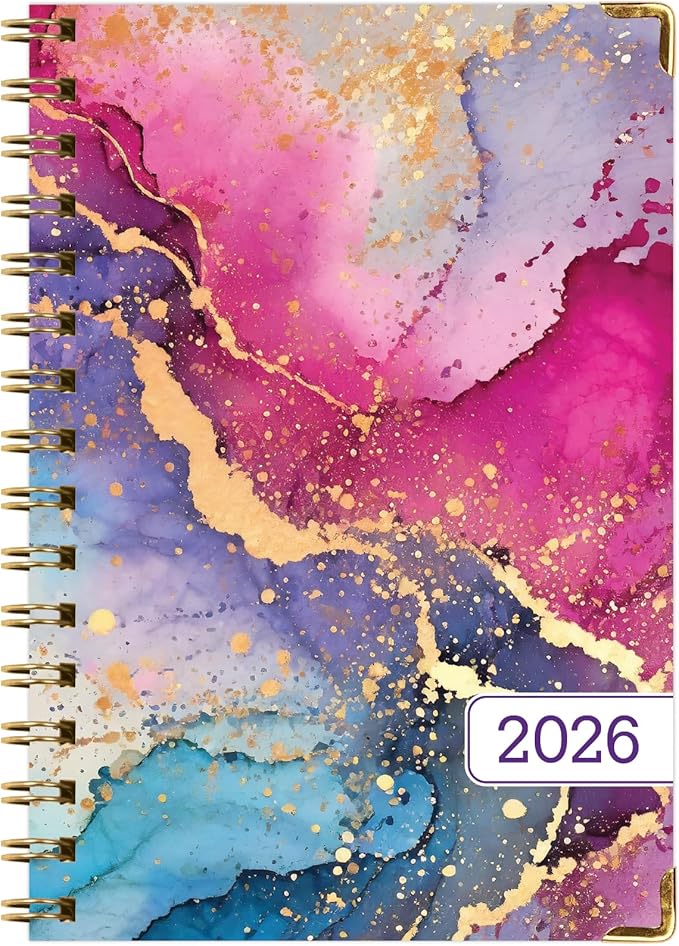 HARDCOVER 2026 Planner, 5.5"x8": 14 Months (November 2025 - December 2026), Daily Weekly Monthly Planner, Yearly Agenda, Bookmark, Pocket Folder and Sticky Note Set (Rainbow Gold Marble)