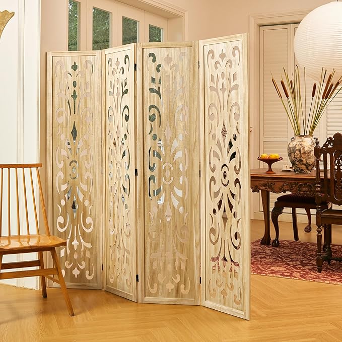5.6Ft Room Divider Folding Wood Classical Carved Partition Screen for Home Office Garden - 4 Panels (Natural)