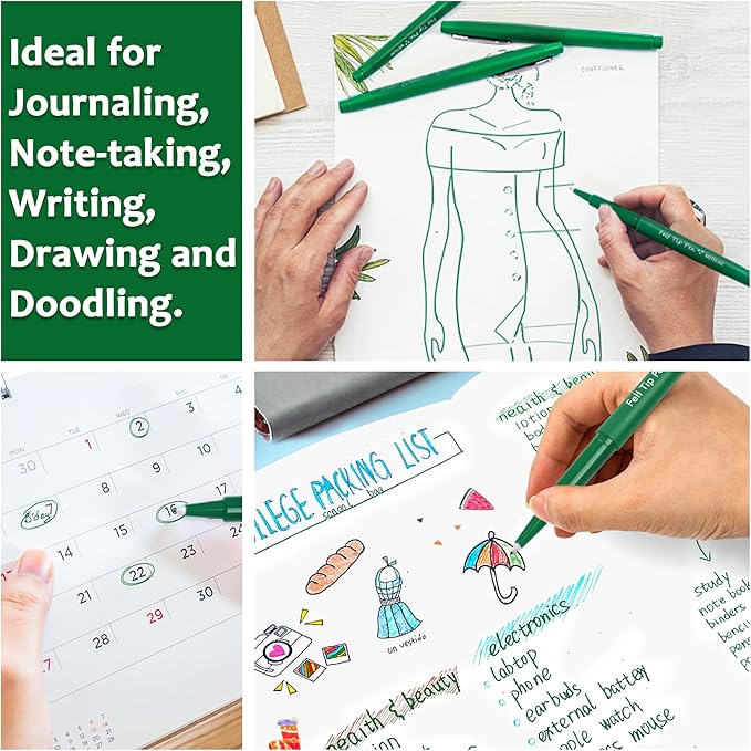 Lelix Felt Tip Pens, 60 Green Pack, 0.7mm Medium Point, Felt Tip Markers Pens for Journaling, Writing, Note Taking, Planner, Perfect for School Office and Art Supplies