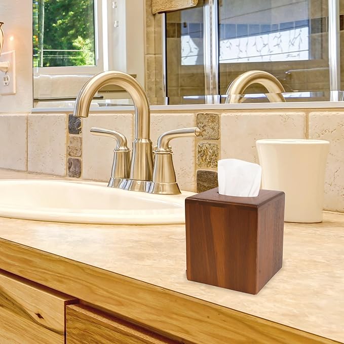 KOLWOVEN Acacia Wood Square Tissue Box Holder - Farmhouse Style, Brown