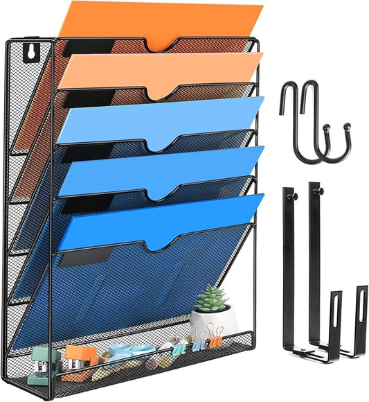Wall File Organizer, 6 Pockets Mesh Hanging File Organizer, Wall Mount File Paper Folder Holder With Hooks, Wall Organizer Magazine Document Mail for Office School, Black