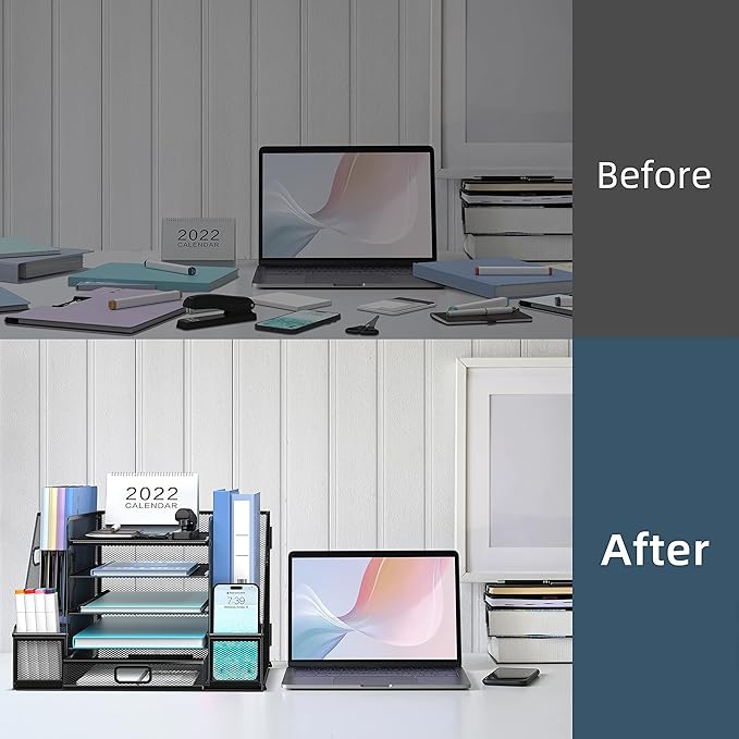 SUPEASY Mesh Desk Organizer with File Holder, 5-Tier Paper Letter Tray Organizer with Magazine Holder, Desktop Organizer and Storage with Drawer for Office Supplies Home or School, Black