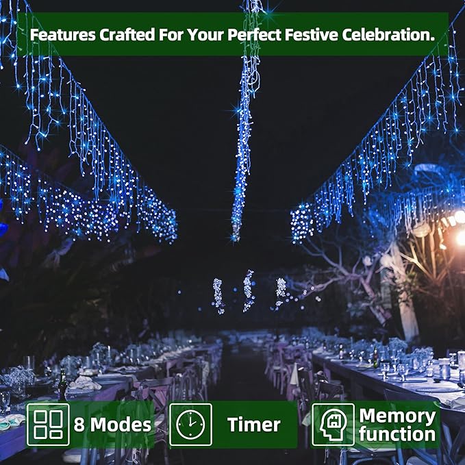 1296 LED Outdoor Christmas Lights with 288 Drops, 131FT Christmas Fairy Lights with 8 Modes Timer, Twinkly Lights IP44 Waterproof for Eaves Yard Room Holiday Wedding Party Decor (Blue)