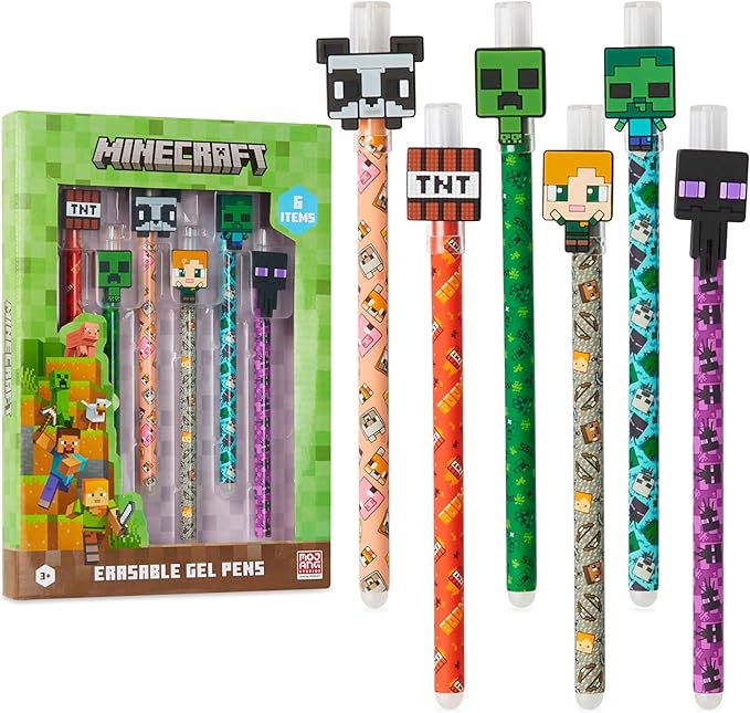 Minecraft Erasable Gel Pens Set, Colored Pens with Erasers Pack of 6, School Supplies - Gifts for Boys