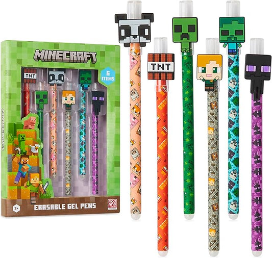 Minecraft Erasable Gel Pens Set, Colored Pens with Erasers Pack of 6, School Supplies - Gifts for Boys