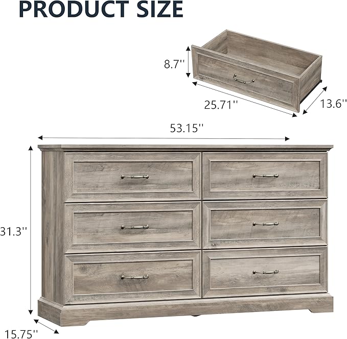 6 Drawer Dresser for Bedroom, 53" Wide Wooden Chest of Drawers, Rustic Farmhouse Dresser with Large Drawers & Metal Handles, Modern Storage Organizer for Closet, Living Room, Hallway, Grey