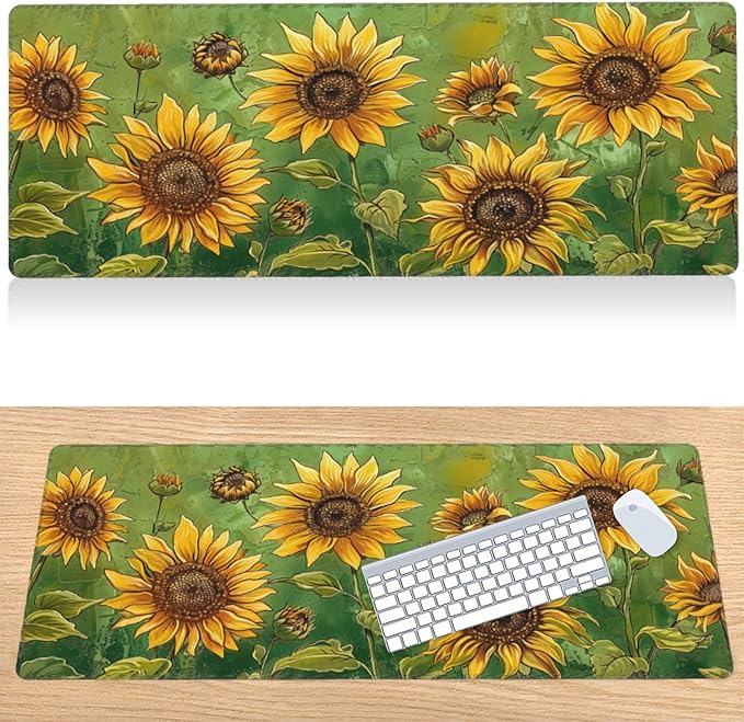 31.5”x11.8”Large Gaming Mouse Pad for Desk, Mouse Mat with Seamed Edges, Waterproof Desk Pad, Non-Slip Rubber Base, Keyboard Pad Computer Mat, Big XL Mousepad-Sunflowers On Green Oil Painting