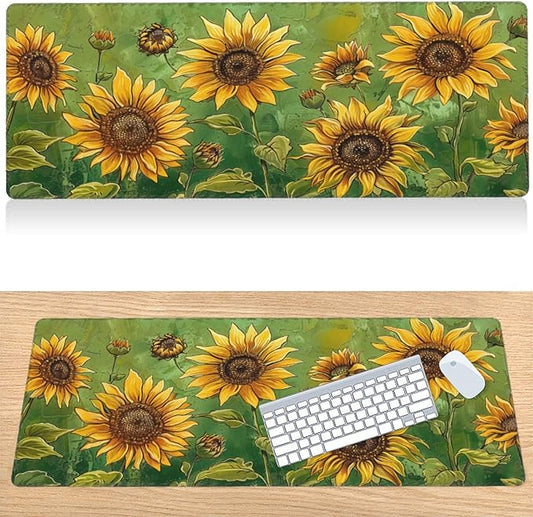 31.5”x11.8”Large Gaming Mouse Pad for Desk, Mouse Mat with Seamed Edges, Waterproof Desk Pad, Non-Slip Rubber Base, Keyboard Pad Computer Mat, Big XL Mousepad-Sunflowers On Green Oil Painting