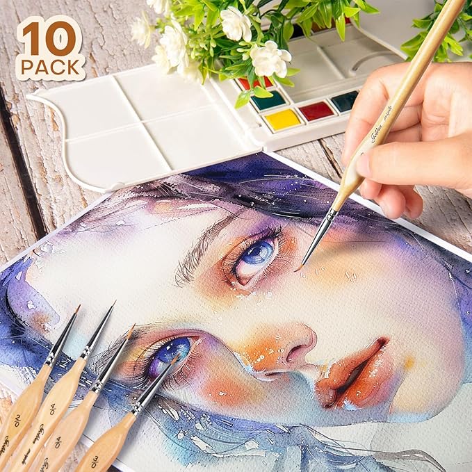Golden Maple Miniature Paint Brushes 10pcs Detail Paint Brushes Flat Angle Filbert Fine Detail Brush Set for Acrylic, Watercolor, Miniature Models
