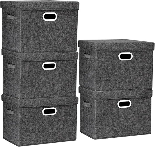 TYEERS Large Storage Bins with Lids, Collapsible, Washable, Fabric Storage Boxes for Organizing, 17.3x11.8x11.4 inches, 5 Pack, Black